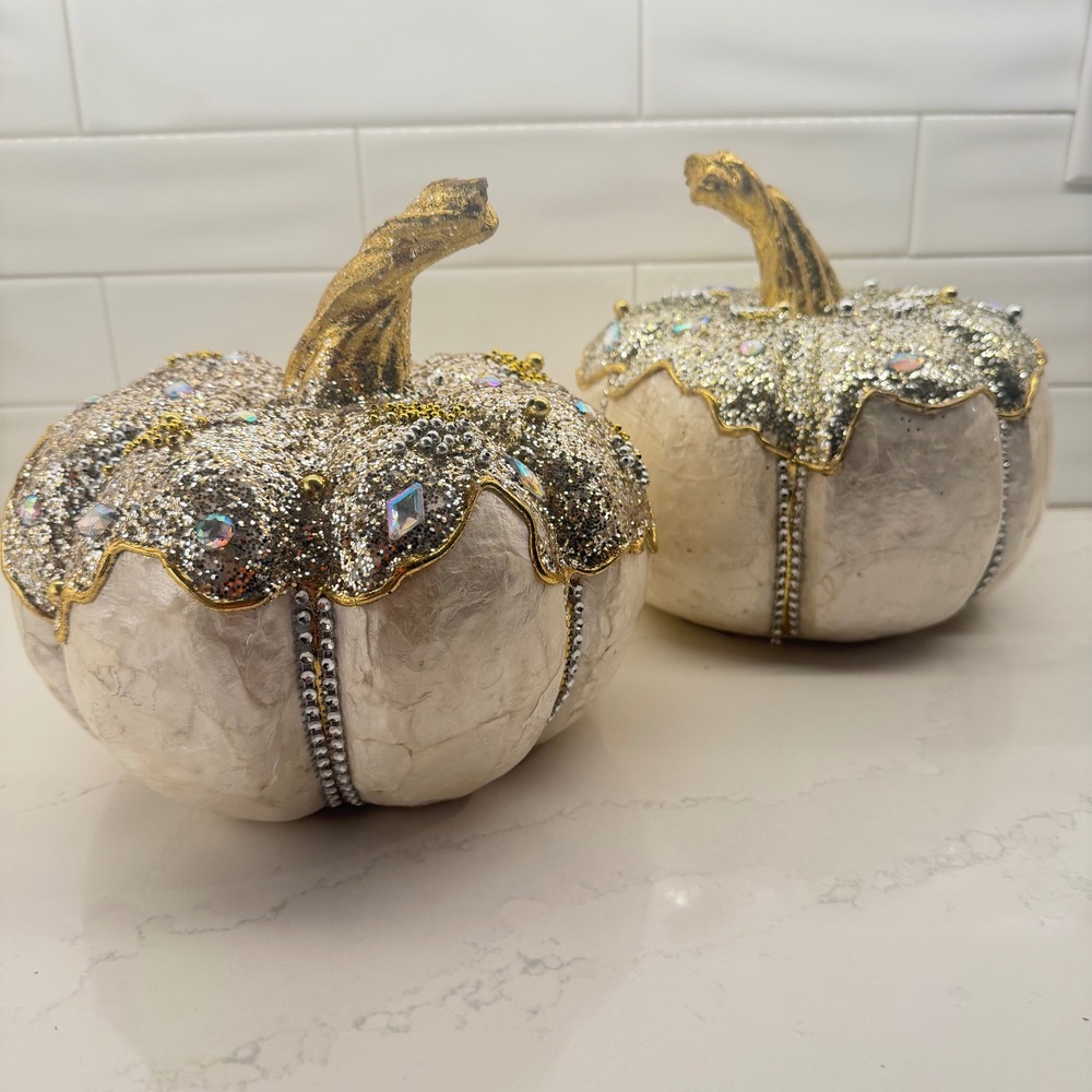Capiz Shell Gold Embellished Beaded Pumpkins Excellent Condition